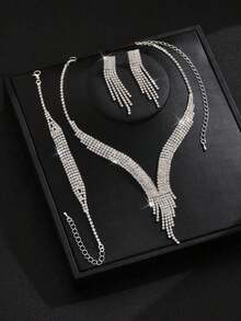 4pcs Jewelry Set For Women: Tassel Necklace, Earrings, Bracelet, Simple Geometric Style, Bride Wedding Party Outfit - 銀色 - 查看 3
