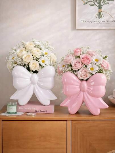 1pc Bow-Shaped Vase, Cute Aesthetic Room Decor Flower Pot, Sweet Bow Design Decorative Vase, Creative Desktop Vanity Decor Piece, Adorable Cartoon Bow Style Flower Holder, Suitable For Fresh Flowers, Artificial Flowers, Succulents, Small Plants Indoor Living Room Bedroom Home Decor, Ideal As Girlfriend Gift, Wedding Party Decor Vase, Y2K Style Cute Home Decor Vase, Desktop Decorative Aesthetic Flower Vase