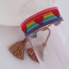 Vòng tay thủ công dệt hình trái tim rỗng thêu họa tiết, có thể điều chỉnh kích thước và đính tua rua, quà tặng trang sức cho bé gái. - Một cỡ - Xem 5