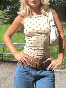 Women's Y2k Polka Dot Tank Top Sleeveless Round Neck Slim Fit Vest Crop Tops Summer Basic Going Out Tops Tee Party Streetwear - 米色 - 查看 1