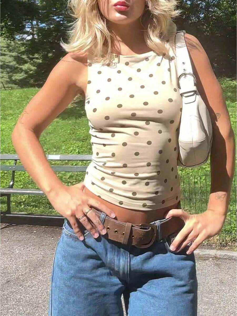 Women's Y2k Polka Dot Tank Top Sleeveless Round Neck Slim Fit Vest Crop Tops Summer Basic Going Out Tops Tee Party Streetwear - 米色 - 查看 1