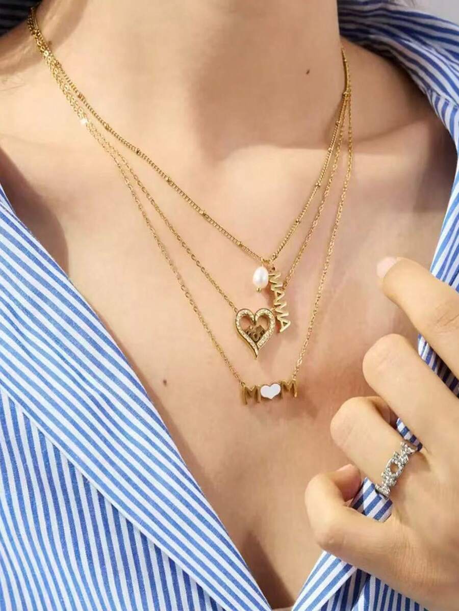 TONSI 1 chiếc mặt dây chuyền chữ "MAMA" kiểu dáng tối giản Châu Âu & Mỹ bằng thép không gỉ mạ vàng 18K đính ngọc trai, quà tặng Ngày của Mẹ. - vàng - Xem 1