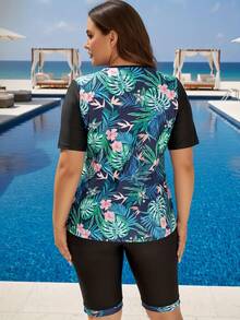 Curvy Women's Fresh Tropical Floral & Bird Print Rash Guard - Crew Neck Short Sleeve Top With Matching Print Hem Knee-Length Shorts Stylish Summer Pool Swimsuit - Nhiều màu - Xem 2