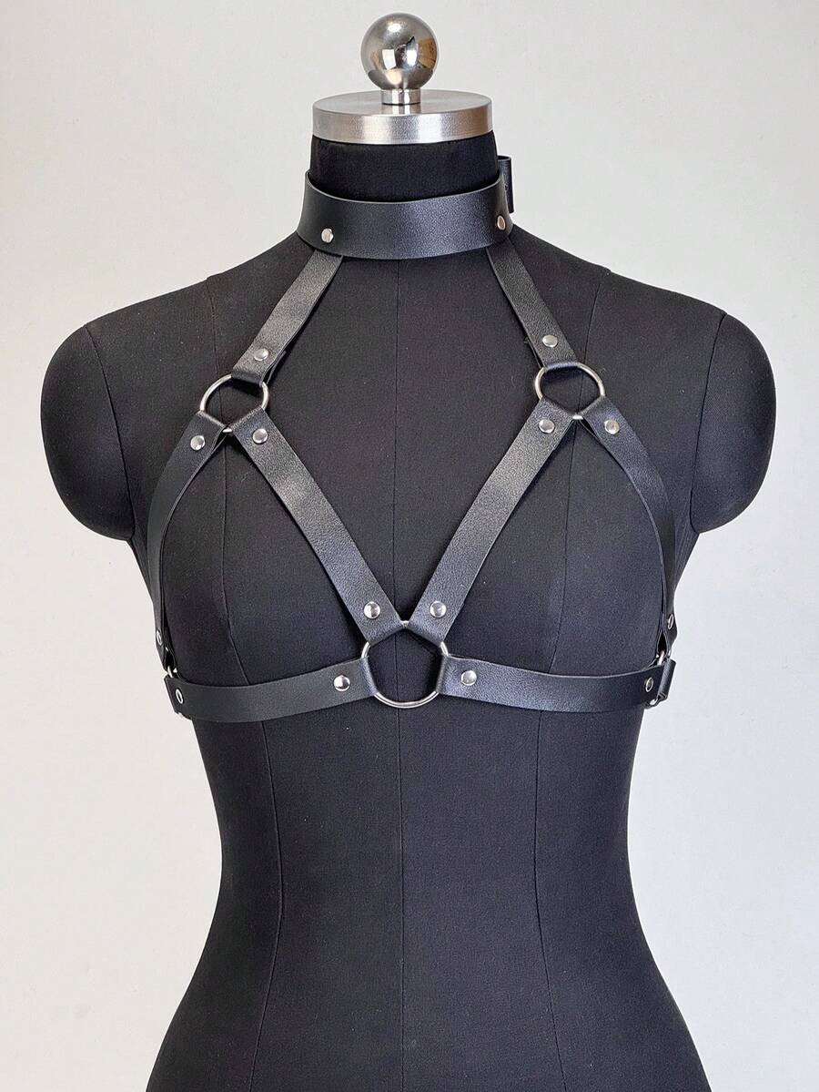 哥特风PU皮革胸带 街头朋克摇滚异域风胸带 可调节 朋友聚会配饰 - 黑色 - 查看 1