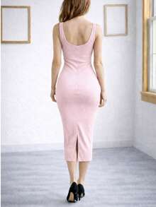 Vestido Ajustado en Tela Elástica Canalé. Tirantes Gruesos.  Vestido Midi. - Rosa Pálido - Ver 2