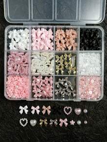 12 Compartments Mixed Resin Pearl Bow, Heart, Mini Flower Decorations, DIY Nail Art Accessories, Cute & Versatile Nail Jewelry - Multicolor - View 5