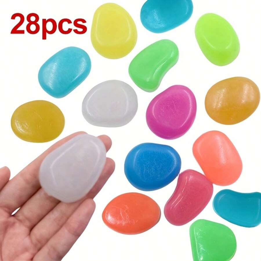 28 Oversized Luminescent Stones - Self-Lighting, Solar-Operated/Battery-Free , Ideal For Indoor/Outdoor Christmas, Garden, Aquarium, Party Decorations - Assorted Colors - Sturdy All-Weather Decoration - Multicolor - View 1
