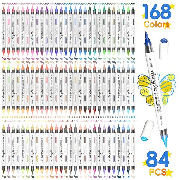 Bộ 84 bút vẽ acrylic hai đầu với 168 màu sắc, thích hợp cho đá, vải, gỗ, thủy tinh, thủ công, trang trí, dụng cụ nghệ thuật - Quà tặng nhỏ, quà tặng ý tưởng cho bé trai, bé gái -