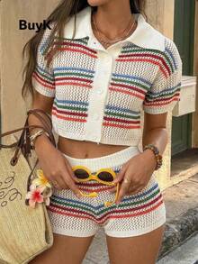 BuyK 两件套度假风条纹套装，优雅时尚，春季拍照必备，适合情人节、优雅女士、海滩度假、感恩节等场合，完美融合优雅与休闲魅力。 - 白色 - 查看 5