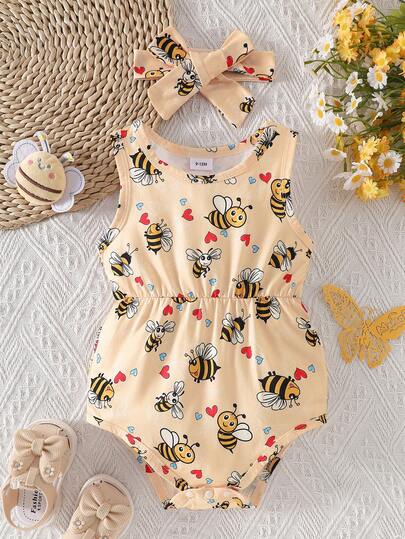 1pc Baby Girls' Casual Bee & Heart Pattern Soft Knit Romper With Headband, Suitable For Outdoor Wear, Spring/Summer