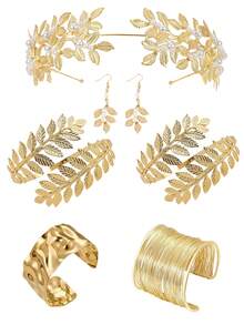 Bộ trang sức nữ thần 7 món, bao gồm băng đô lá, vòng tay lá, vòng tay hở, bông tai ngọc trai, thích hợp cho phụ nữ mặc hàng ngày, đám cưới, lễ đính hôn. - 7 chiếc - Xem 2