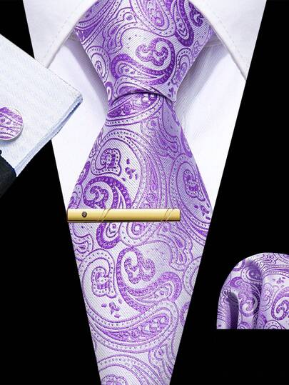 Bộ cà vạt nam họa tiết Paisley màu tím oải hương – Bao gồm khăn cài túi áo, khuy măng sét và kẹp cà vạt vàng, cà vạt mềm mại, trang trọng cho các sự kiện mùa xuân.