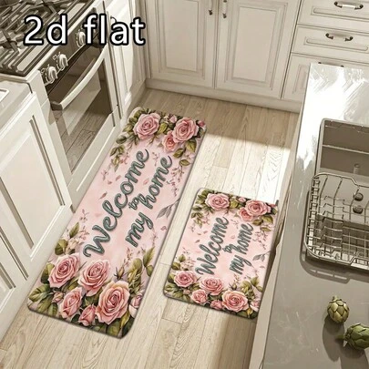 1 قطعة/2 قطعة/3 قطع سجادة مطبخ مرحبا بالعودة بوردة وردية، سجادة أرضية من البوليستر مانعة للانزلاق ومقاومة للماء وناعمة، للاستخدام الداخلي والخارجي عند المدخل، سجادة مطبخ سريعة الجفاف، سجادة حمام غسيل، قابلة للغسيل في الغسالة وماصة