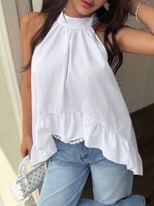 EARO 女士时尚白色露背荷叶边吊带背心，宽松褶皱夏季吊带背心，优雅百搭 - 白色 - 查看 7