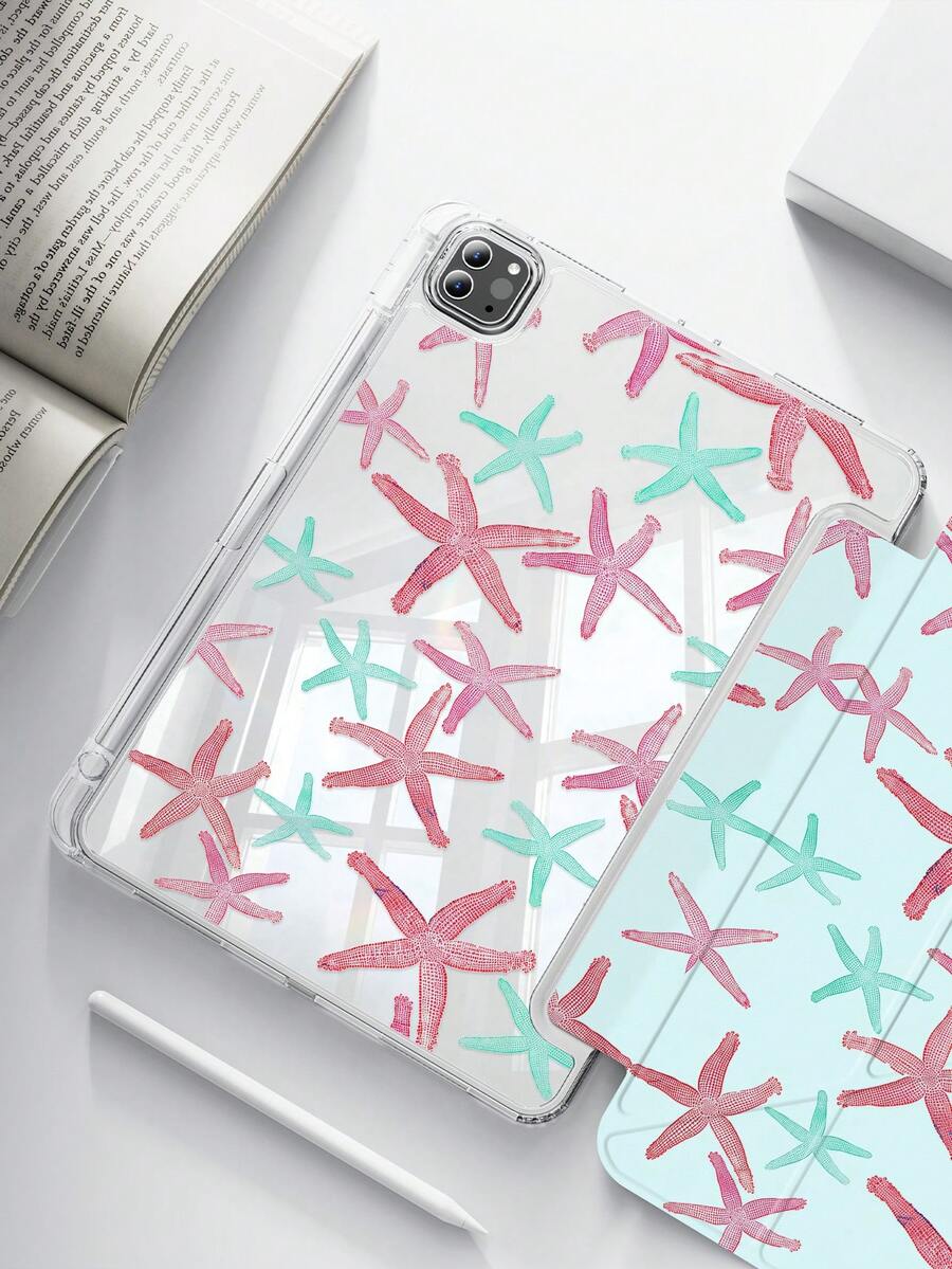 1pc Cute Cartoon Tricolor Starfish Double-Sided Acrylic Transparent Crystal Back Cover, Shock-Resistant And Durable, Suitable For IPad 7th, 8th And 10th Generation (10.2 Inch). It Has A Built-In Pen Slot And Supports Sleep/Wake Function. An Ideal Gift For Halloween And New Year. - Multicolor - View 1