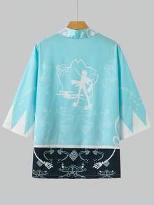 Anime Inspired Kimono Jacket, 3/4 Sleeve, Loose Fit, Windbreaker, Blue-Green Japanese Style - Mint Blue - View 3