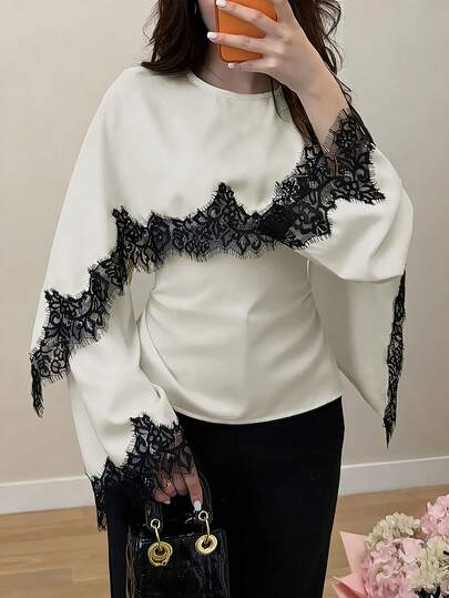 新款女士纯色蕾丝拼接优雅长袖系带缎面衬衫，适合春夏度假穿着