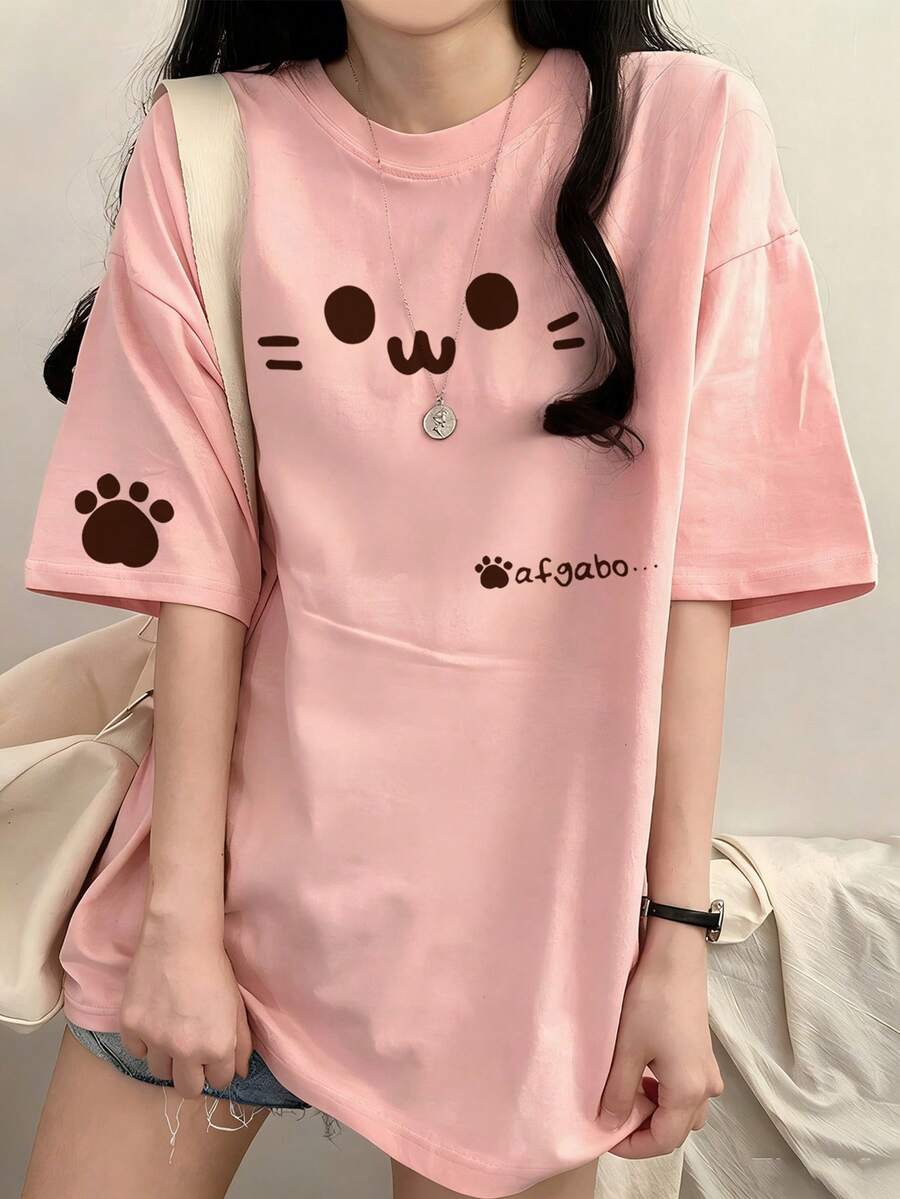 女士休闲宽松圆领卡通猫咪字母印花短袖T恤,夏季粉色 - 粉色 - 查看 1