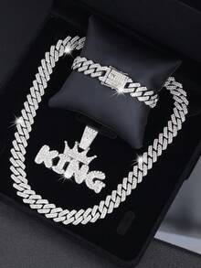 3件套嘻哈时尚首饰套装，不锈钢男士十字架项链配多层链，水钻手链，男女皆宜的完美礼物 - 銀色 - 查看 6