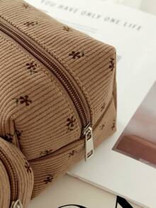 2 Pieces Set / 1 Brown Floral-Patterned Octagonal Makeup Bag, A Fashionable And Casual Large-Capacity Portable Zipper Makeup Bag Suitable For Travel And Vacation, A Must-Have Makeup Bag For Essential Items - Brown - View 6