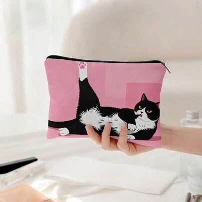 1 chiếc túi đựng mỹ phẩm hai mặt bằng vải lanh hình mèo đen trắng dễ thương, túi du lịch đa năng, quà tặng thời trang, thích hợp đựng mỹ phẩm, đồ dùng vệ sinh cá nhân, sản phẩm chăm sóc da, lý tưởng cho phụ nữ sử dụng hàng ngày, họa tiết mèo trên nền hồng, túi xách tay cá nhân hóa, hoàn hảo cho du lịch, công tác, đi làm hàng ngày, sắp xếp nhà cửa, quà tặng sinh nhật và ngày lễ tuyệt vời, túi hai mặt, thiết kế vui nhộn.