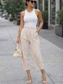 Pantalón dama mujer cintura elástica delgado y fresco para verano de moda casual unicolor - Hueso - Ver 4