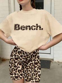 2pcs/Set Teens' Loose Short Sleeve Set, "Bench" Printed Tee And Leopard Print Leggings, Summer Exclusive Short Sleeve Outfit - Multicolor - View 2