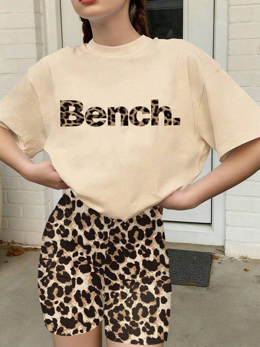 2pcs/Set Teens' Loose Short Sleeve Set, "Bench" Printed Tee And Leopard Print Leggings, Summer Exclusive Short Sleeve Outfit - Multicolor - View 1