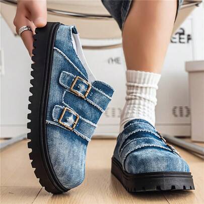 Men's Mule Shoes New Spring Vintage Slip-On Loafers Casual Slouchy Shoes, Adjustable Buckle, All-Season Washed Distressed Denim Slip-On Commuter Shoes