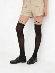 1 par de medias altas y sexys, adecuadas para chicas de moda, diseñadas con un patrón de estrellas en color albaricoque y negro, versátiles para varios estilos - Multicolor - Ver 6