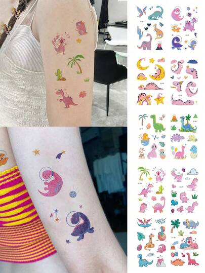 10张闪光临时纹身贴纸，男女通用，彩色卡通恐龙图案，防水，可持续2-5天。适用于手臂、颈部、肩膀、腰部和腿部。是节日派对、度假、创意礼物和儿童节礼物的完美之选。可与朋友分享。