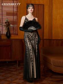 Đầm slip cổ chữ V đính sequin kiểu vintage thập niên 1920, thanh lịch cho các bữa tiệc và sự kiện trang trọng, đám cưới, màu đen. - màu đen - Xem 5