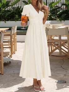 PoPoHouse Women's Solid Color Elegant V-Neck Puff Sleeve Dress, Suitable For Resort Wear, Spring/Summer - Apricot - View 5