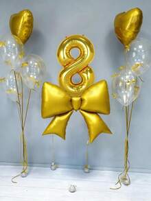 12pcs Birthday Decoration Set, Large Gold Bow Foil Balloons, 40-Inch Gold 0-9 Birthday Number Balloons, 18-Inch Gold Heart Balloons, Clear Latex Balloons (With Balloon Ribbons), Suitable For Birthday Party, Anniversary Decoration - Gold - View 8
