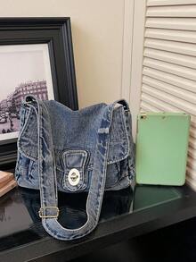 New Stylish And Soft Washed-Jeans-Inspired Shoulder Bag With A Flap Design; A Versatile, Roomy Crossbody Bag For Women With A Twist-Lock Closure, Perfect For Shopping And Commuting - 藍色 - 查看 8