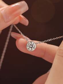 1 Chiếc vòng cổ thanh lịch hình tròn đính đá Moissanite, bạc sterling 925. Vòng cổ nữ cổ điển và trang nhã, món quà trang sức tinh tế dành cho nữ giới, thích hợp để đeo hàng ngày, hẹn hò, làm quà năm mới, quà Valentine. - Vòng cổ túi tròn - Xem 2