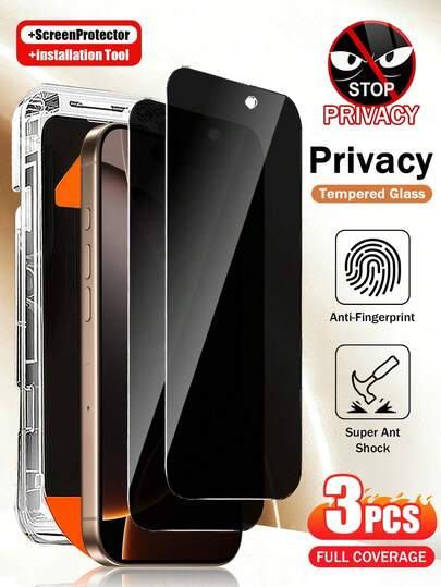 Yezodawee 3pcs Privacy Tempered Glass Screen Protector Easy-To-Install Dust-Free HD Screen Protectors For IPhone 16/15/14/13/12/11 Pro Max/Plus, Edge Reinforced Shatterproof Seamless Full Coverage Sensitive Touch HD Privacy Anti-Spy With Dust-Free Storage Case Easy Installation No Skills Required, Mobile Screen Protector Tool, Scratchresistant Shield, Phone Screen Protection, Seamless Design, Smooth Surface, Highquality Glass, Durable Protection, Antispy Film, Gadget Protectors, Privacyconscious Buyers