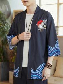 Áo choàng tay lửng 3/4 in hình mặt trời đỏ và chim hạc theo phong cách Ukiyo-E Nhật Bản, kiểu dáng rộng rãi, áo khoác kimono gió cho nam giới. - màu đen - Xem 5