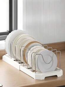 1 Set Adjustable & Expandable Kitchen Organizer Rack - White Metal Pot Lid Holder, Extendable Utensil Drying Rack, For Storing Plates, Bowls & Cookware, Space-Saving Design, Non-Slip Feet, Easy Tool-Free Installation, Multi-Functional Kitchen Storage Solution, Ideal For Small Kitchens & Apartments - Multicolor - View 6