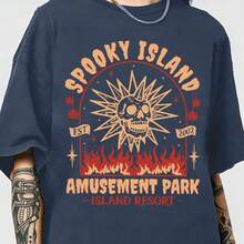 Spooky Island Amusement Park T-Shirt, Retro 2000s Halloween Movie Shirt, Disco Skull, Summer Spooky T-Shirt, 90s Nostalgia Halloween Tee For Halloween - 藏蓝色 - 查看 14