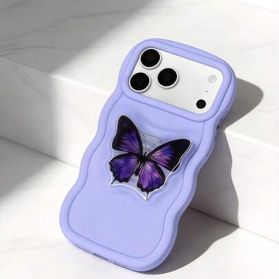 1个创意INS蝴蝶透明气垫支架波浪边极简大孔手机壳，兼容苹果7/8/X/XR/XSMAX/11/12/13/14/15/16/17 Pro Max，兼容三星A14/A15/A16/A17/A04/A05/A06/A07/A54/A55/A56/A34/A35A/36/S25/S25Plus/S25Ultra，兼容A54，兼容MOTO G13/14/15，柔软全包手机壳，国际版，非国内版