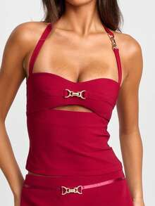 Women's Halter Neck Bustier Solid Color Cut-Out Backless Slim Fit Crop Camisole - Đỏ - Xem 2