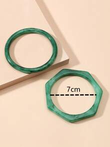 2pcs/Set Boho Style Minimalist Solid Color Polygon & Round Resin Bangle Bracelet Set, Music Festival Party Gift For Women - Green - View 2