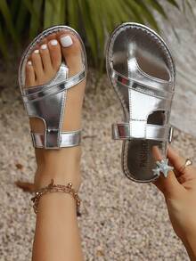 Women's Retro Fashion Thong Sandals, Simple Slip-On Flip Flops, Soft Comfortable Strap Design, Ideal For Summer Beach Vacation, Won't Tire Feet - Silver - View 1