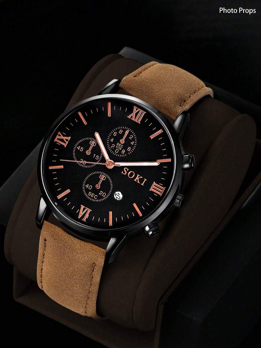 SOKI SOKI 1 pièce Montre d'homme avec fonction calendrier, cadran rond à la mode, mouvement à quartz, bracelet en PU, convient pour un port quotidien, cadeau d'anniversaire, fête, rassemblement de vacances, cadeau idéal pour vous-même ou vos amis. Aucune boîte d'emballage incluse.