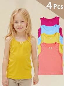 4pcs/Set Atasan Camisole Warna Permen untuk Anak Perempuan dengan Hiasan Pita, Cocok untuk Dipakai Sehari-hari di Musim Semi/Panas - MultiWarna - View 10