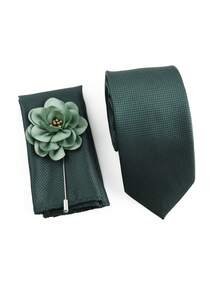 ZONFAZ 男士简约百搭三件套：灰粉色领带、格纹口袋巾、花卉胸针。柔软轻盈，适合婚礼、庆典、派对等场合。男士领带搭配的理想之选。 - 墨綠色 - 查看 5