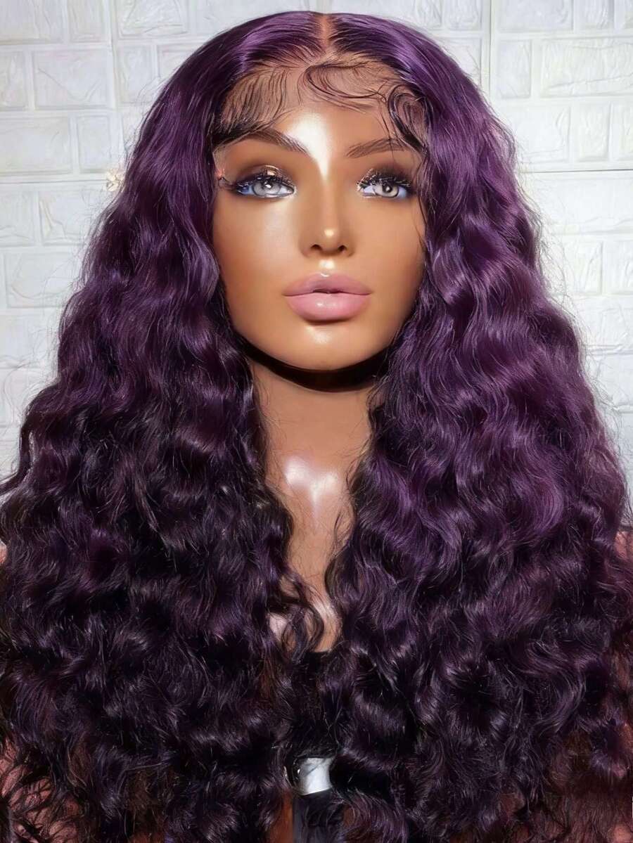 Put On And Go 250 Density Violet Purple Deep Curly Lace Front Wigs Human Hair 13x4 HD Transparent Deep Wave Lace Frontal Wig Pre Plucked With Baby Hair And Natural Hairline Dark Ourlie Color - 深紫色 - 查看 1