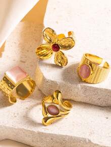 4pcs Fashionable French Style Stainless Steel Gold Rings Set With Floral Gemstone Elements, Suitable For Women's Daily Wear And Holiday Accessories, Summer Jewelry - Gold - View 1