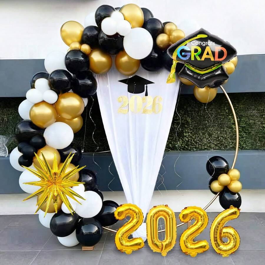 67件套2026毕业拱门套装，包含多种尺寸的黑色、白色、金色乳胶气球、金色星爆气球、毕业帽气球和2026铝箔气球，适用于毕业派对装饰、2026毕业派对、校园毕业主题派对、毕业典礼、校园装饰、黑金主题毕业派对、拍照区等。 - 彩色 - 查看 1
